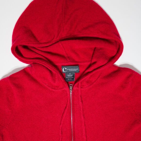 C By Bloomingdale's Red 100% 2-Ply Cashmere Full-Zip Hoodie Sweater Women Size S - Picture 10 of 15